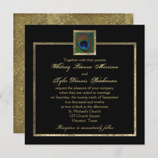 Zwart en Goud Peacock Feather Bruiloft Uitnodiging (Voorkant / Achterkant)