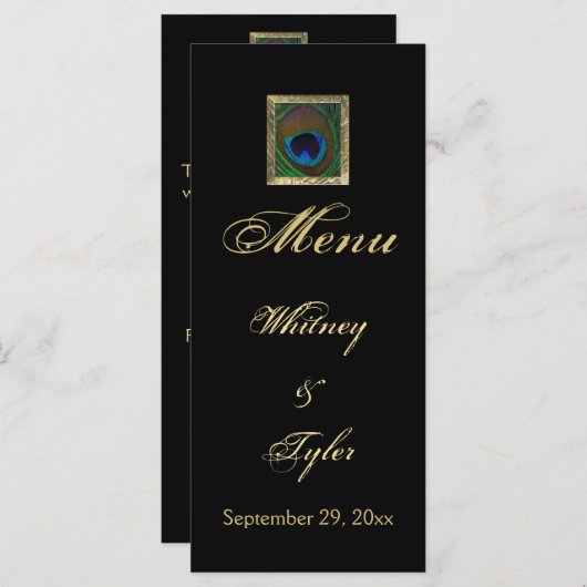 Zwart en Goud Peacock Feather Menu Kaart (Voorkant / Achterkant)