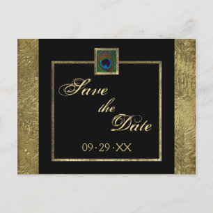 Zwart en goud Peacock Feather Save the Date Kaart
