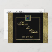 Zwart en goud Peacock Feather Save the Date Kaart (Voorkant / Achterkant)