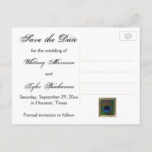 Zwart en goud Peacock Feather Save the Date Kaart (Achterkant)