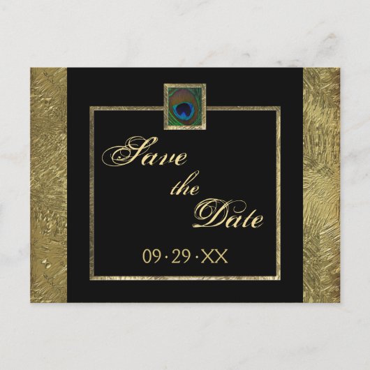 Zwart en goud Peacock Feather Save the Date Kaart (Voorkant)