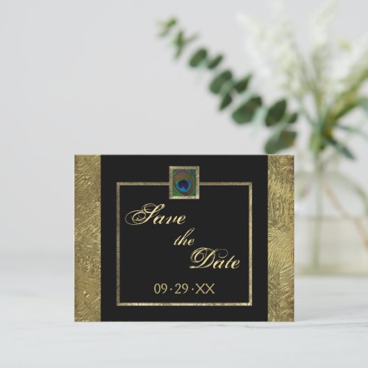 Zwart en goud Peacock Feather Save the Date Kaart (Staand voorkant)