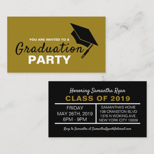 Zwart en goud Pet, Graduation Party Ticket Invite Informatiekaartje (Voorkant / Achterkant)