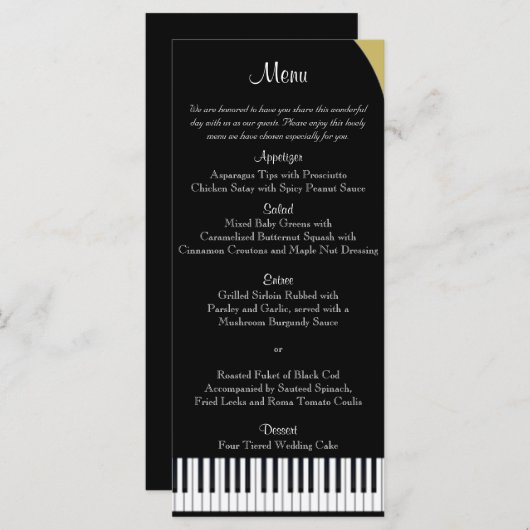 Zwart en Goud Piano Wedding Menu (Voorkant / Achterkant)