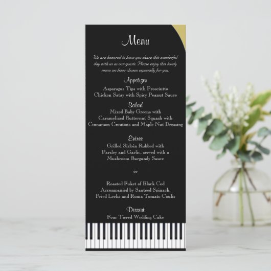 Zwart en Goud Piano Wedding Menu (Staand voorkant)