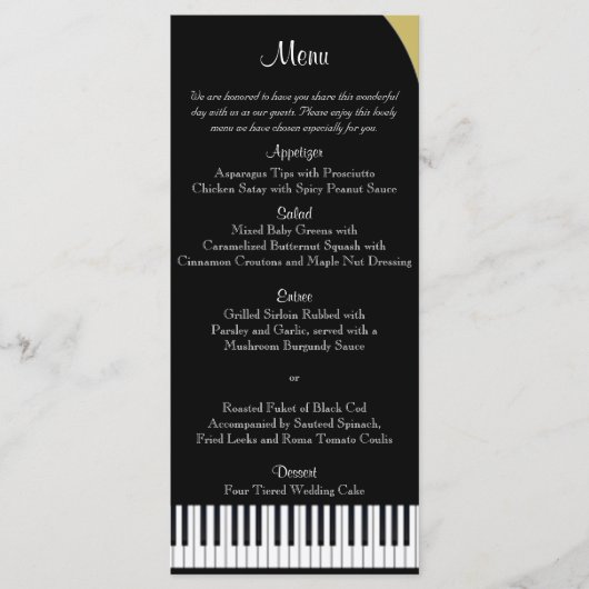 Zwart en Goud Piano Wedding Menu (Voorkant)