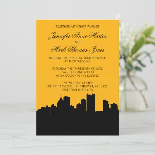 Zwart en goud Pittsburgh City Skyline Wedding II Kaart (Staand voorkant)
