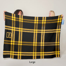 Zwart en goud plaid tartan monogram fleece deken