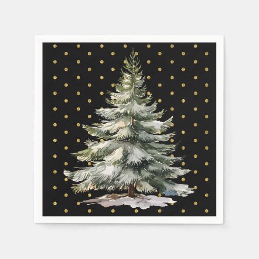 Zwart en Goud Polka Dots Waterverf Pine Tree Servet (Voorkant)