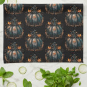 Zwart en goud pompoen bladeren patroon Halloween Theedoek (Gevouwen)