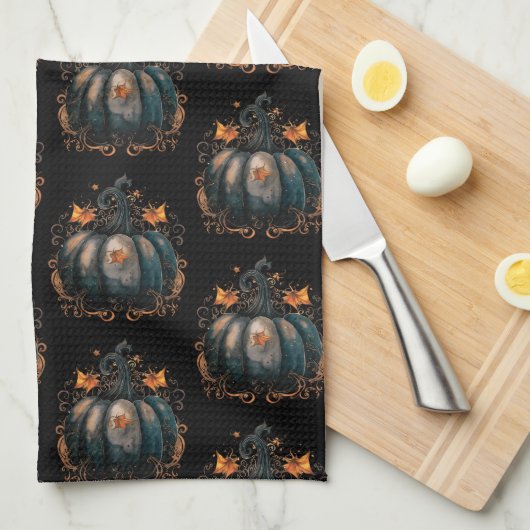 Zwart en goud pompoen bladeren patroon Halloween Theedoek (Quarter Fold)