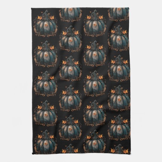 Zwart en goud pompoen bladeren patroon Halloween Theedoek (Verticaal)