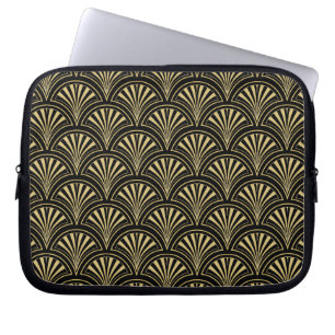 Zwart en Goud Posh Deco Fan Patroon Laptop Sleeve