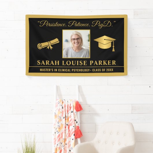 Zwart en Goud PsyD Quote Foto Afstuderen 2025 Spandoek (Insitu)