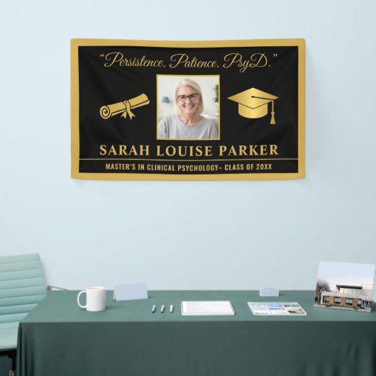 Zwart en Goud PsyD Quote Foto Afstuderen 2025 Spandoek (Beurs)
