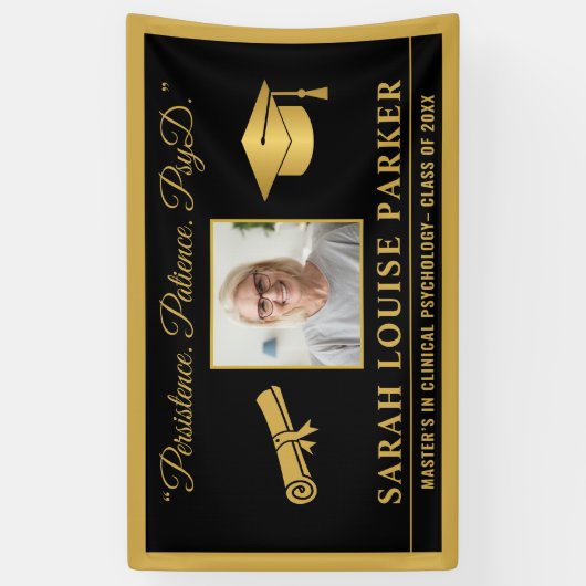 Zwart en Goud PsyD Quote Foto Afstuderen 2025 Spandoek (Verticaal)