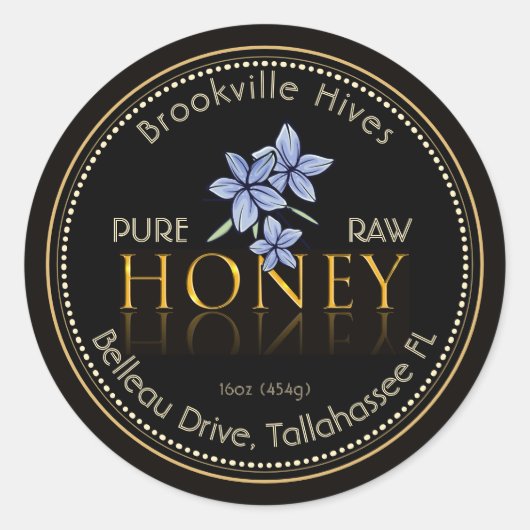 Zwart en Goud Pure Raw Honey Label Flower Paarse (Voorkant)
