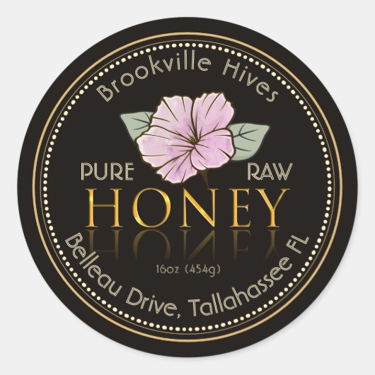 Zwart en Goud Pure Raw Honey Label Flower Pink (Voorkant)