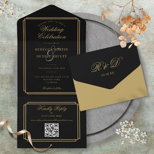 Zwart en goud QR-code Art Deco monogram bruiloft All In One Uitnodiging