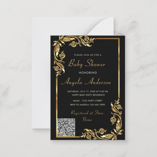 Zwart en Goud QR Code Baby Jongen Douche Uitnodigi Notitiekaartje (Voorkant)