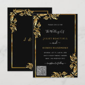 Zwart en Goud QR Code Huwelijksuitnodiging Sjabloo (Voorkant / Achterkant)
