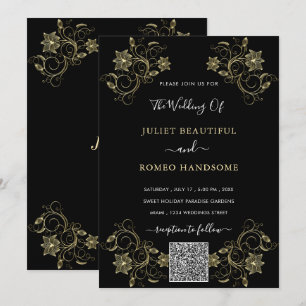 Zwart en Goud QR Code Huwelijksuitnodiging Sjabloo