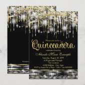 Zwart en Goud Quinceanera Glitter Glam Sparkle Kaart (Voorkant / Achterkant)