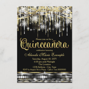 Zwart en Goud Quinceanera Glitter Glam Sparkle Kaart
