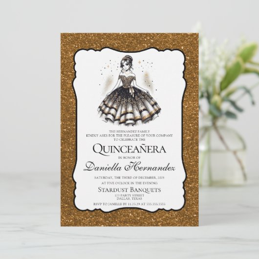Zwart en goud Quinceañera Kaart (Staand voorkant)