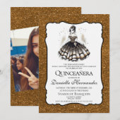 Zwart en goud Quinceañera Kaart (Voorkant / Achterkant)