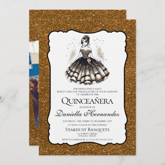 Zwart en goud Quinceañera Kaart (Voorkant / Achterkant)