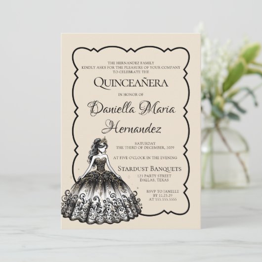 Zwart en goud Quinceañera Kaart (Staand voorkant)