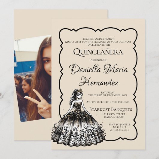 Zwart en goud Quinceañera Kaart (Voorkant / Achterkant)