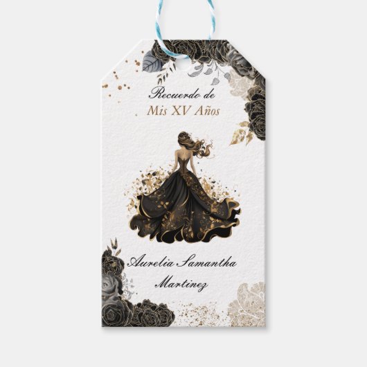 Zwart en Goud Quinceañera Party Favor Labels Cadeaulabel (Voorkant)