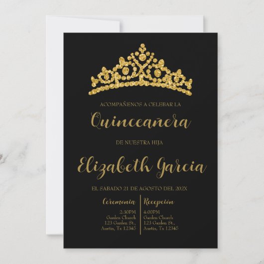 Zwart en goud quinceañera uitnodigen kaart (Voorkant)