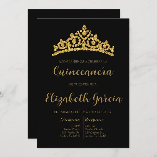 Zwart en goud quinceañera uitnodigen kaart (Voorkant / Achterkant)