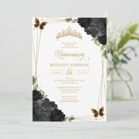 Zwart en goud Quinceañera uitnodiging (Staand voorkant)