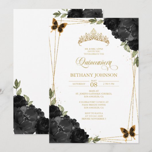 Zwart en goud Quinceañera uitnodiging (Voorkant / Achterkant)