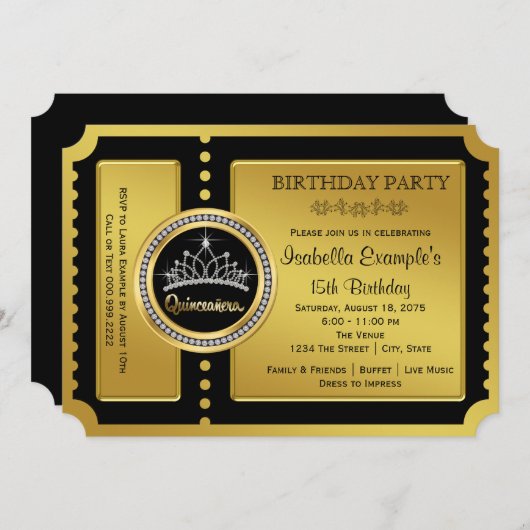 Zwart en Goud Quinceanera Verjaardagsfeest Kaart (Voorkant / Achterkant)