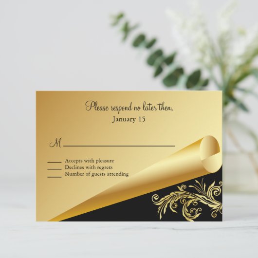 Zwart en goud reactie RSVP kaartje (Staand voorkant)