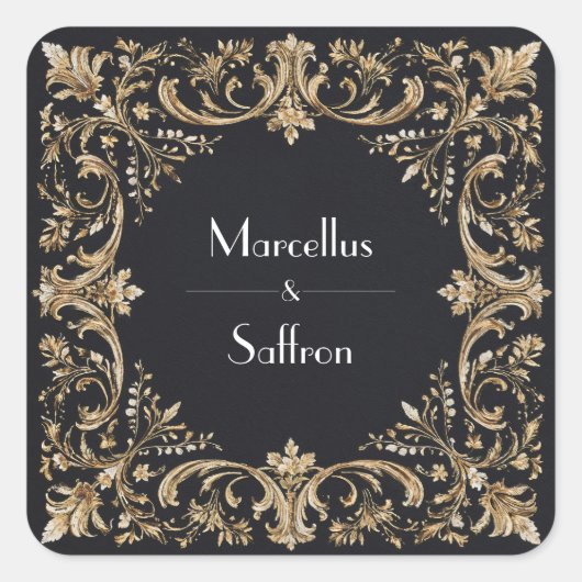 Zwart en Goud Regal Border Wedding Sticker (Voorkant)