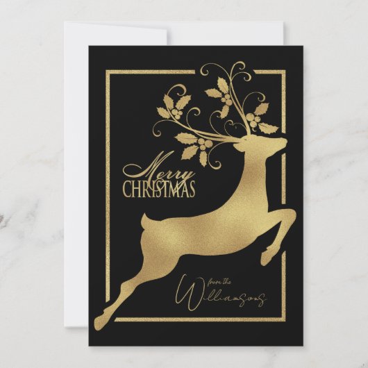 Zwart en goud rendieren vrolijke kerstwensen feestdagenkaart (Voorkant)