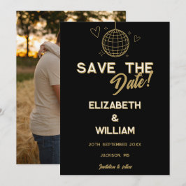 Zwart en goud Retro Disco Groovy Fotobruiloft Save The Date