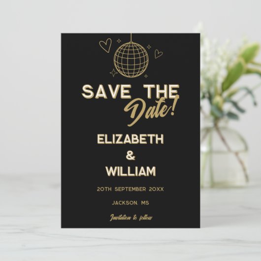 Zwart en goud Retro Disco Groovy Wedding Save The Date (Staand voorkant)
