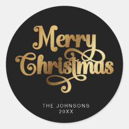 Zwart en Goud Retro Vrolijk Kerstscript Custom Ronde Sticker