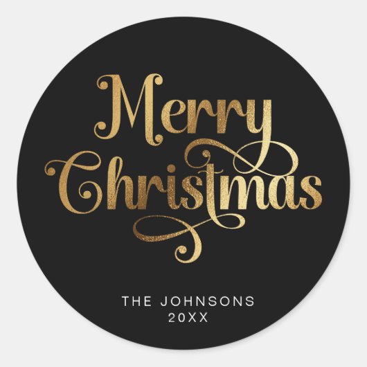 Zwart en Goud Retro Vrolijk Kerstscript Custom Ronde Sticker (Voorkant)