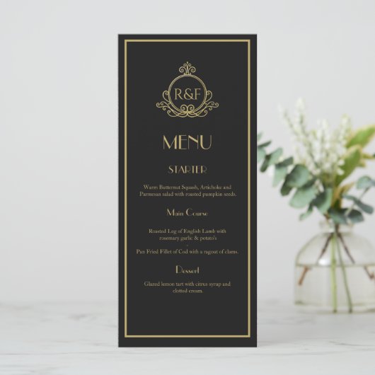 Zwart en Goud Roaring 20s Gatsby Wedding Menu (Staand voorkant)