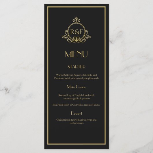 Zwart en Goud Roaring 20s Gatsby Wedding Menu (Voorkant)