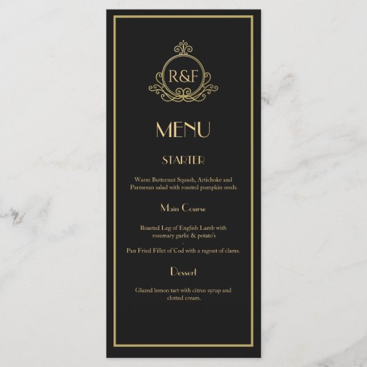 Zwart en Goud Roaring 20s Gatsby Wedding Menu (Voorkant)